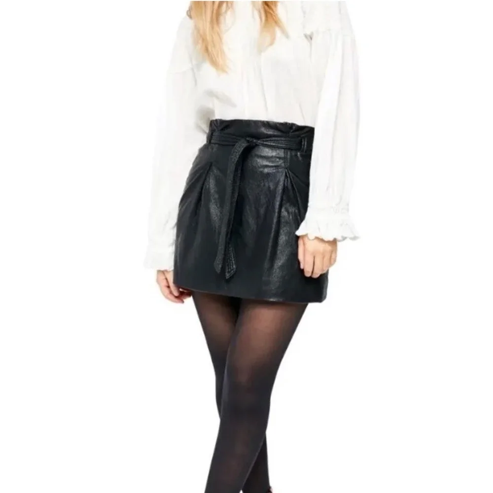 Free People Faux Leather Skirt Paperbag Waist Tie‎ Belt Black Skirt Size 8 (G)